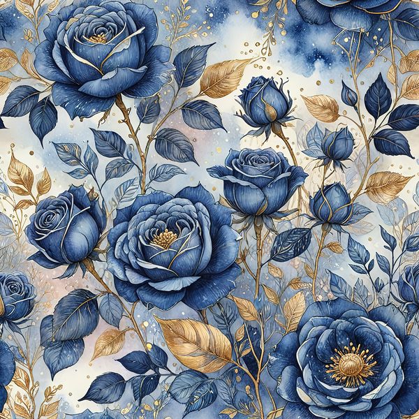 Watercolor Blue Roses Digital Paper with Gold Accents, Scrapbook Backgrounds (Digital Download, Commercial Use) — image 1