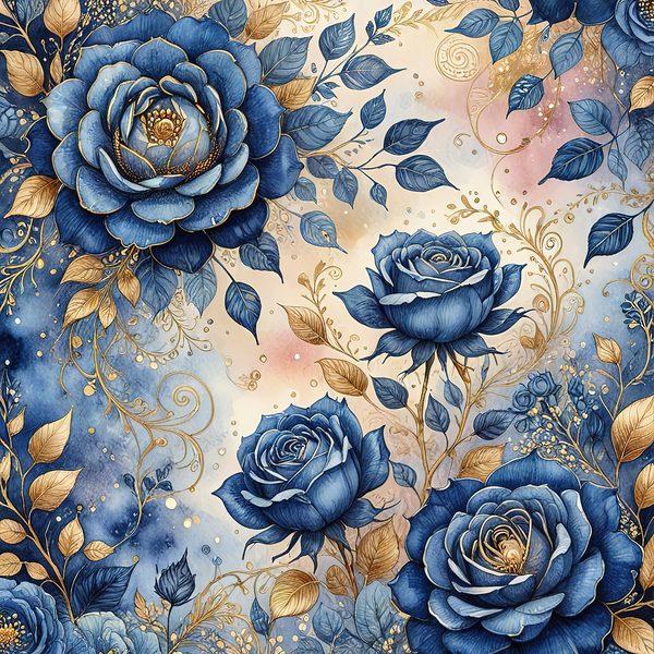 Watercolor Blue Roses Digital Paper with Gold Accents, Scrapbook Backgrounds (Digital Download, Commercial Use) — image 2