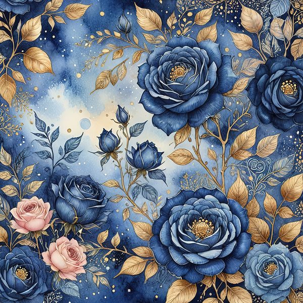 Watercolor Blue Roses Digital Paper with Gold Accents, Scrapbook Backgrounds (Digital Download, Commercial Use) — image 3