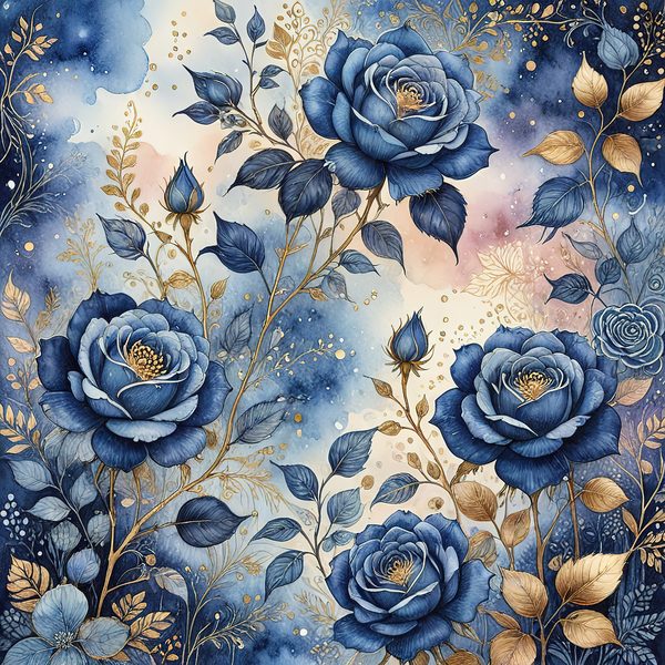 Watercolor Blue Roses Digital Paper with Gold Accents, Scrapbook Backgrounds (Digital Download, Commercial Use) — image 4
