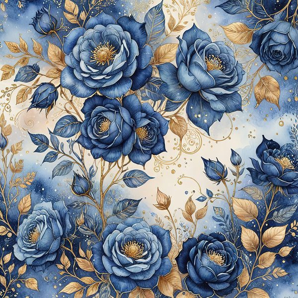 Watercolor Blue Roses Digital Paper with Gold Accents, Scrapbook Backgrounds (Digital Download, Commercial Use) — image 6