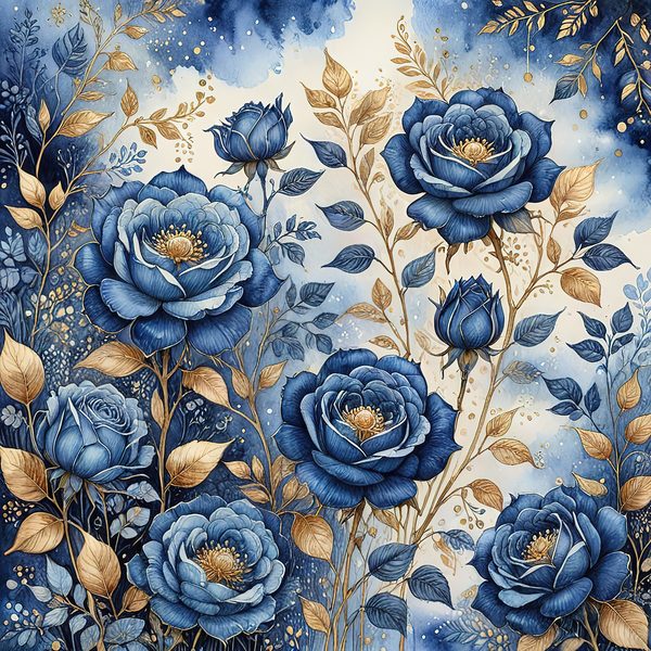 Watercolor Blue Roses Digital Paper with Gold Accents, Scrapbook Backgrounds (Digital Download, Commercial Use) — image 7