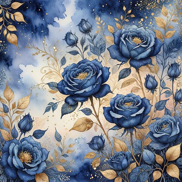 Watercolor Blue Roses Digital Paper with Gold Accents, Scrapbook Backgrounds (Digital Download, Commercial Use) — image 8
