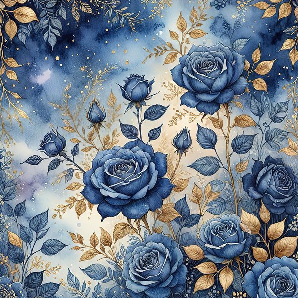 Watercolor Blue Roses Digital Paper with Gold Accents, Scrapbook Backgrounds (Digital Download, Commercial Use) — image 9