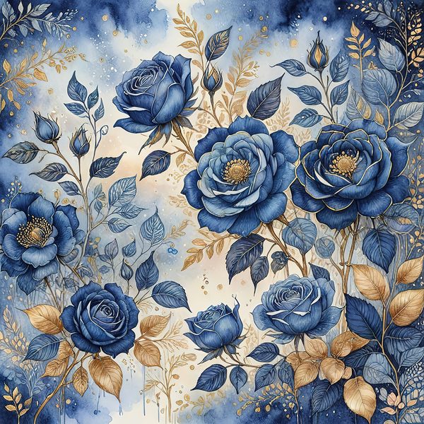 Watercolor Blue Roses Digital Paper with Gold Accents, Scrapbook Backgrounds (Digital Download, Commercial Use) — image 10