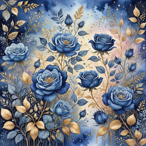 Watercolor Blue Roses Digital Paper with Gold Accents, Scrapbook Backgrounds (Digital Download, Commercial Use) — image 11