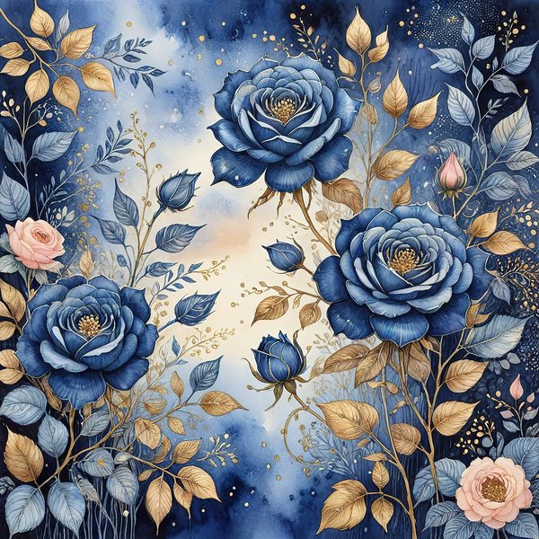 Watercolor Blue Roses Digital Paper with Gold Accents, Scrapbook Backgrounds (Digital Download, Commercial Use) — image 12