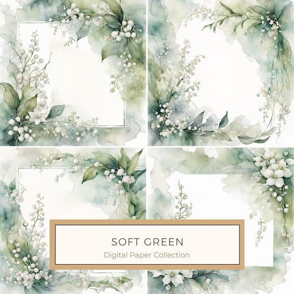 Watercolor Lily of the Valley Digital Paper: Emerald Green Scrapbook Papers (Digital Download, Commercial Use)