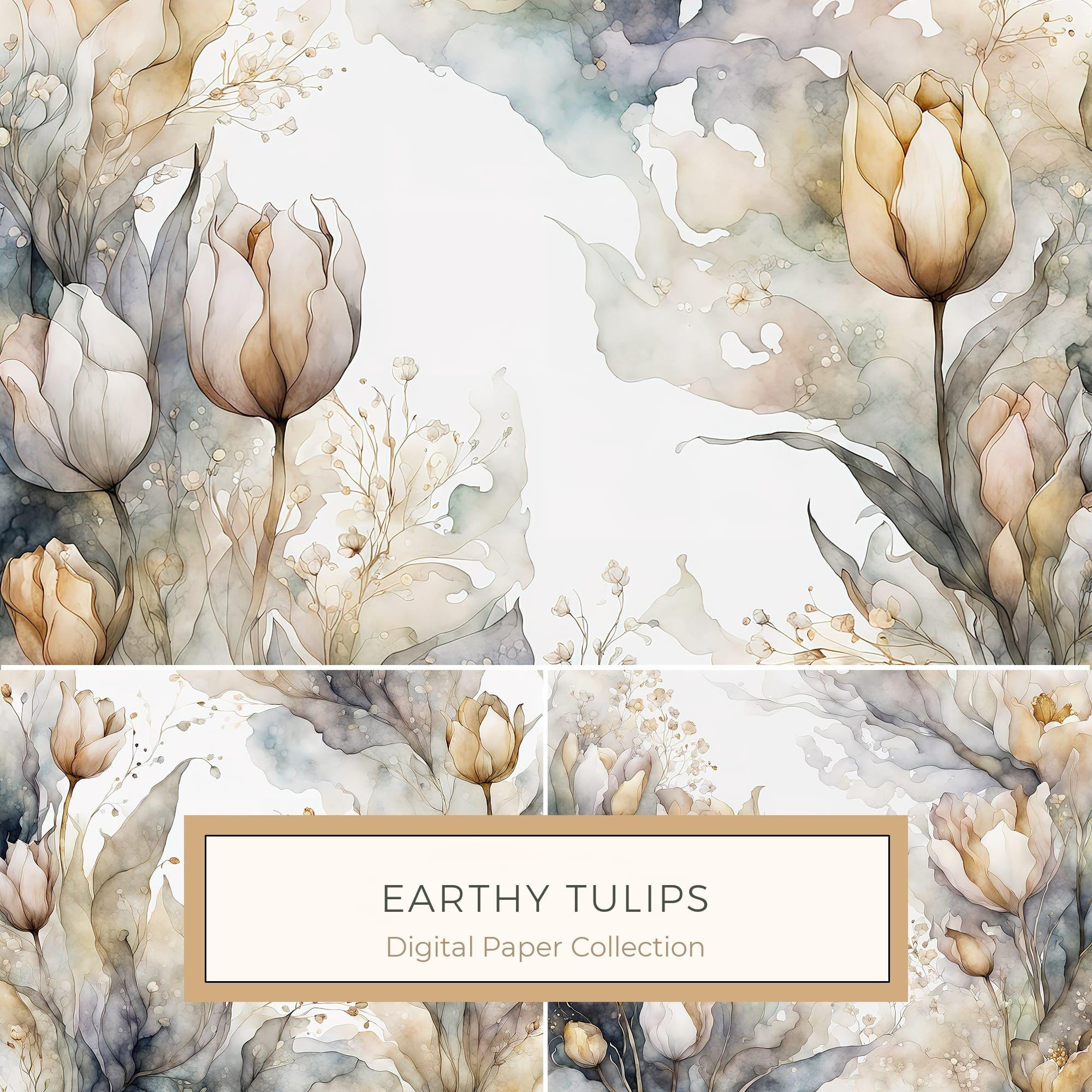 Watercolor Tulip Digital Paper: Soft Earthy Tones Background Scrapbook Papers (Digital Download, Commercial Use)
