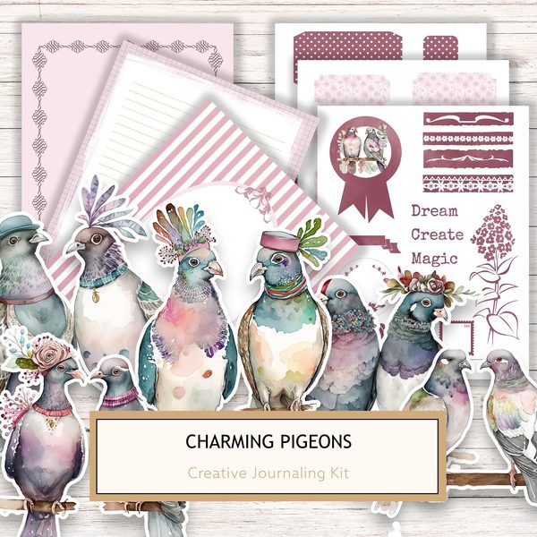 Pigeon Journaling Ephemera Kit: Watercolor Scrapbook Pages (US Letter JPGs, Commercial Use)