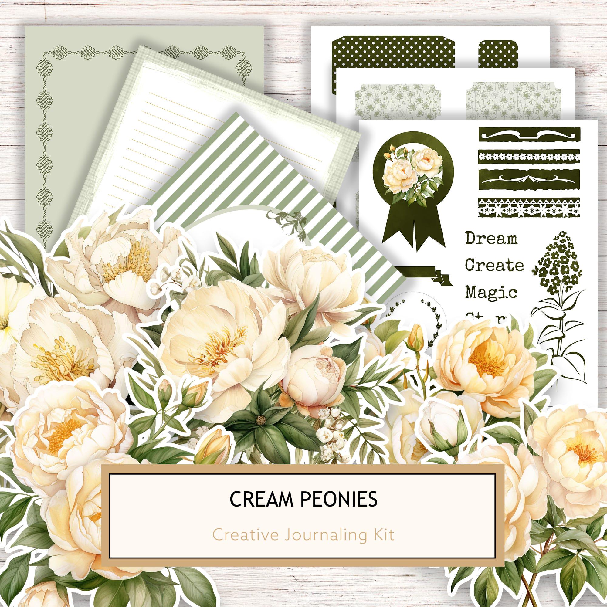 Watercolor Peony Ephemera Kit: Soft Green & Cream Printable Sheets (Commercial Use, Digital Download)