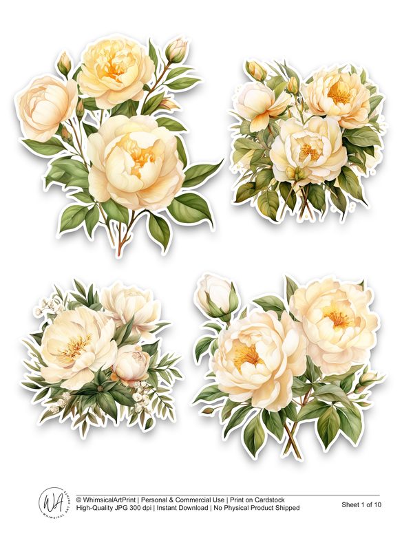Watercolor Peony Ephemera Kit: Soft Green & Cream Printable Sheets (Commercial Use, Digital Download) — image 2