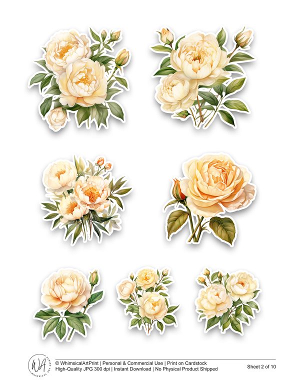 Watercolor Peony Ephemera Kit: Soft Green & Cream Printable Sheets (Commercial Use, Digital Download) — image 3