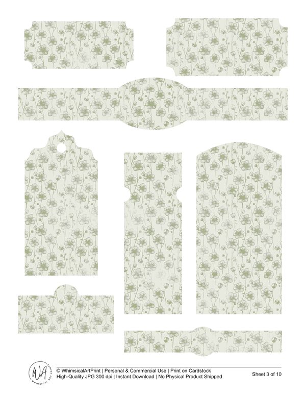 Watercolor Peony Ephemera Kit: Soft Green & Cream Printable Sheets (Commercial Use, Digital Download) — image 4