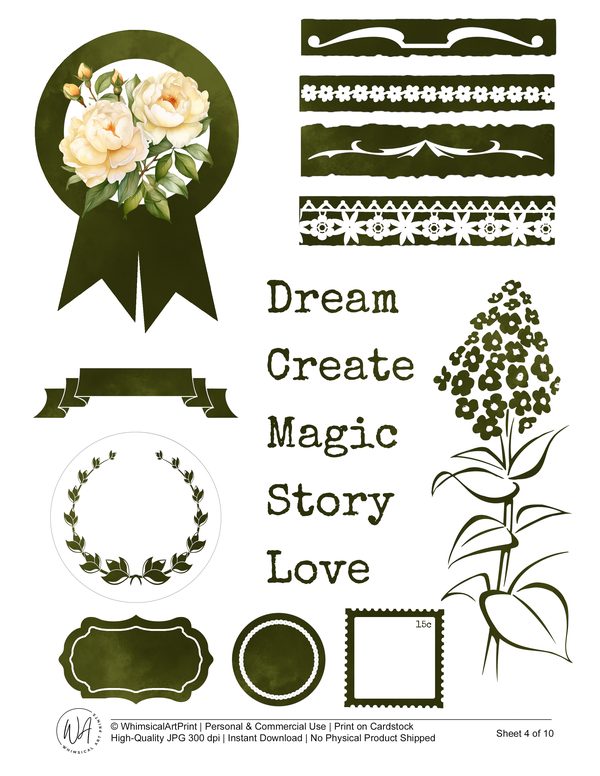 Watercolor Peony Ephemera Kit: Soft Green & Cream Printable Sheets (Commercial Use, Digital Download) — image 5