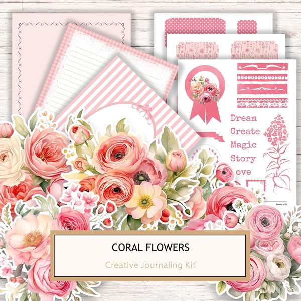 Watercolor Floral Ephemera Kit: Coral & Pink, Junk Journaling (Commercial Use, Digital Download)