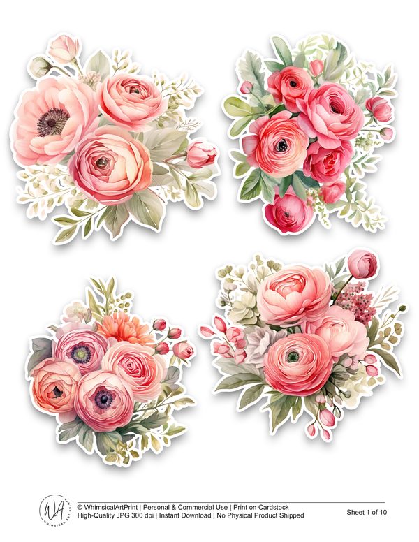 Watercolor Floral Ephemera Kit: Coral & Pink, Junk Journaling (Commercial Use, Digital Download) — image 2