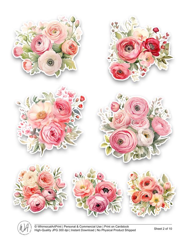 Watercolor Floral Ephemera Kit: Coral & Pink, Junk Journaling (Commercial Use, Digital Download) — image 3