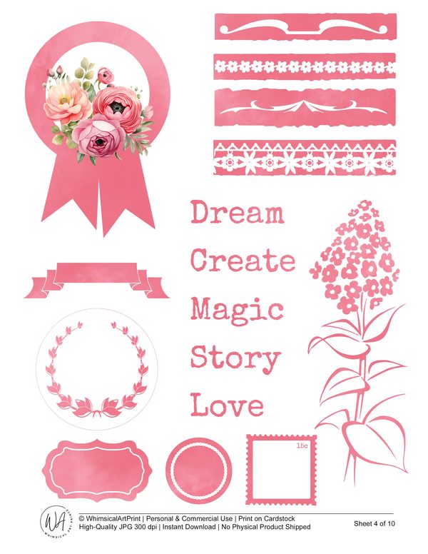 Watercolor Floral Ephemera Kit: Coral & Pink, Junk Journaling (Commercial Use, Digital Download) — image 5