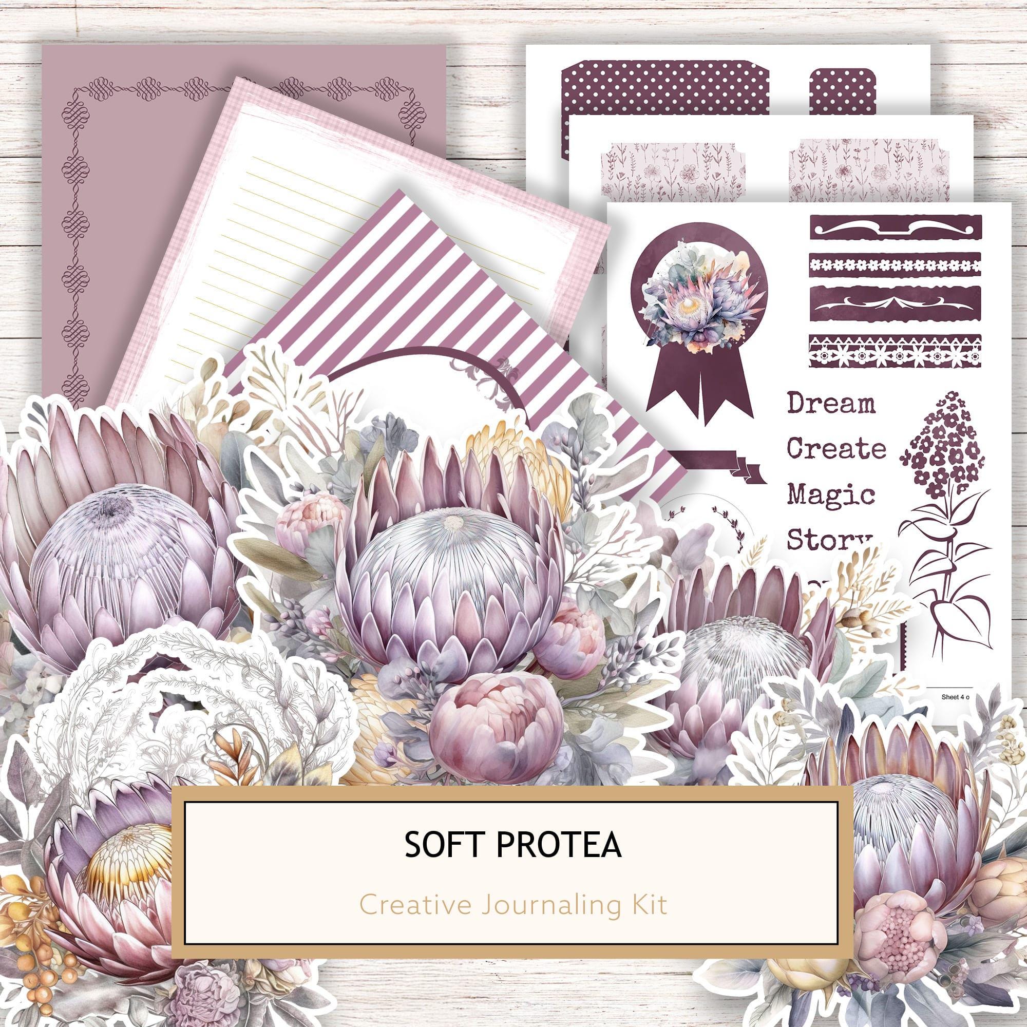 Watercolor Protea Ephemera Kit: Junk Journaling, Scrapbooking (Commercial Use, Digital Download)