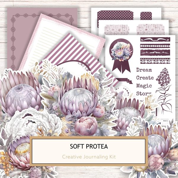 Watercolor Protea Ephemera Kit: Junk Journaling, Scrapbooking (Commercial Use, Digital Download)