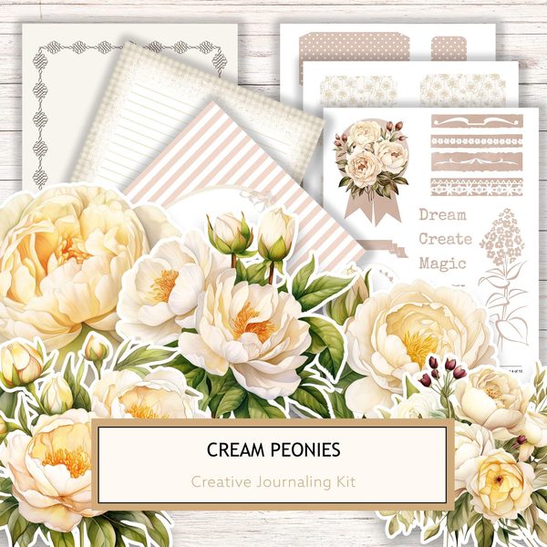 Watercolor Peony Ephemera Kit: Cream & Beige Printable Scrapbook Paper (Commercial Use, Digital Download)