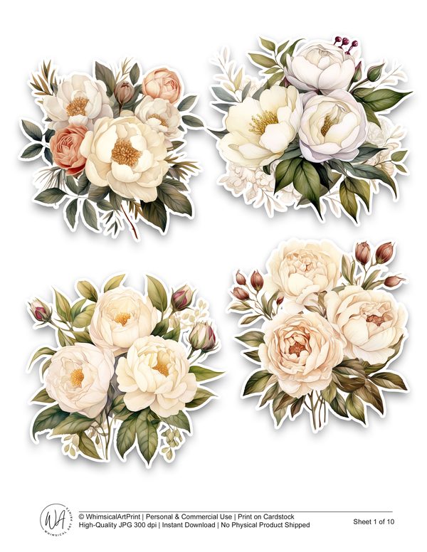 Watercolor Peony Ephemera Kit: Cream & Beige Printable Scrapbook Paper (Commercial Use, Digital Download) — image 2