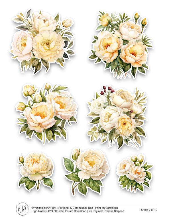 Watercolor Peony Ephemera Kit: Cream & Beige Printable Scrapbook Paper (Commercial Use, Digital Download) — image 3