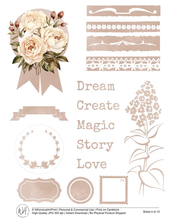 Watercolor Peony Ephemera Kit: Cream & Beige Printable Scrapbook Paper (Commercial Use, Digital Download) — image 5