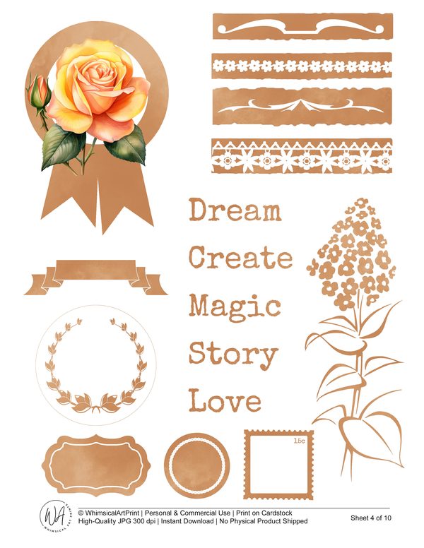 Watercolor Peach Roses Ephemera Kit: Junk Journaling, Scrapbooking (Digital Download) — image 5