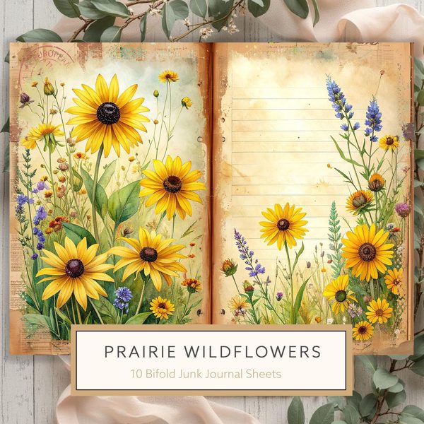 Prairie Wildflowers in Bright Yellow and Green Tones, Printable Sheets for Junk Journaling