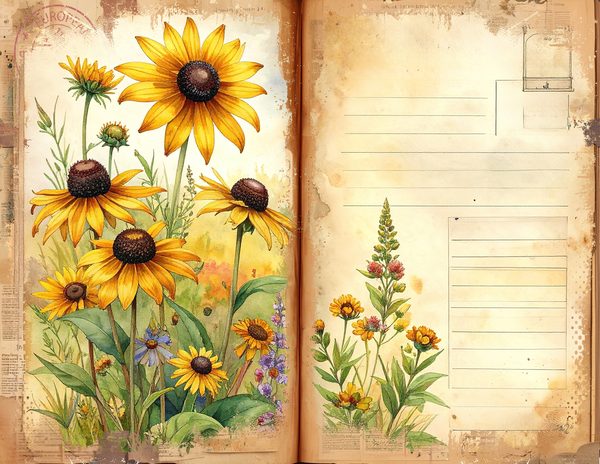Prairie Wildflowers in Bright Yellow and Green Tones, Printable Sheets for Junk Journaling — image 1