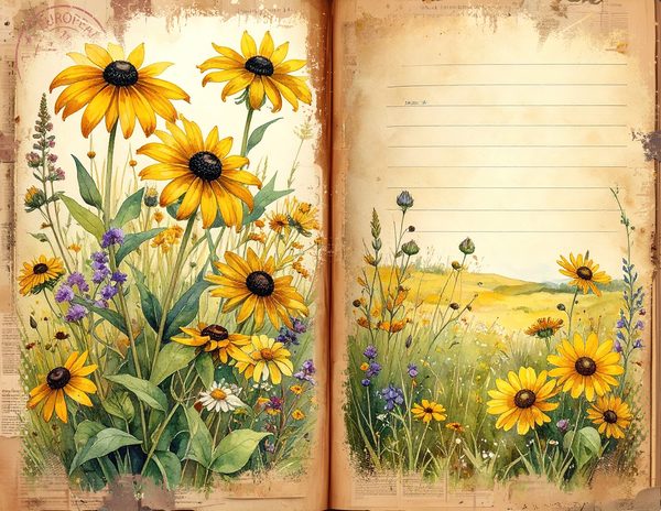 Prairie Wildflowers in Bright Yellow and Green Tones, Printable Sheets for Junk Journaling — image 7