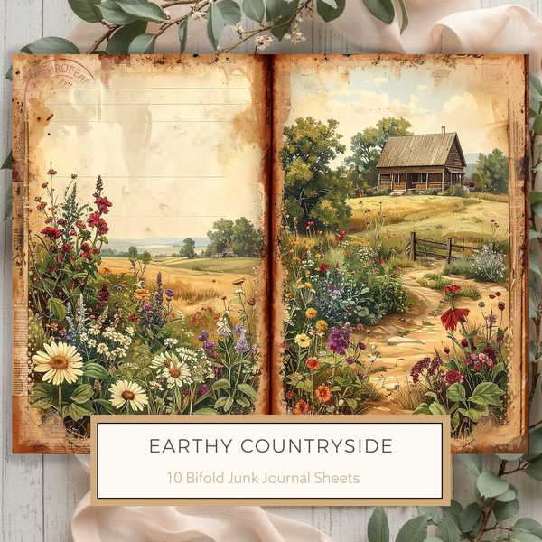Watercolor Countryside Junk Journal Kit = Bifold Scrapbook Pages (Digital Download)