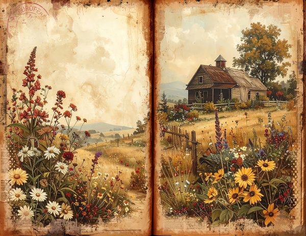Watercolor Countryside Junk Journal Kit = Bifold Scrapbook Pages (Digital Download) — image 2