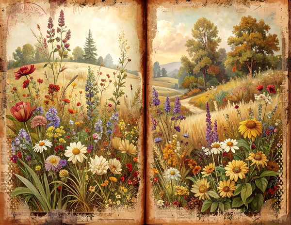 Watercolor Countryside Junk Journal Kit = Bifold Scrapbook Pages (Digital Download) — image 3