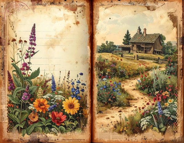 Watercolor Countryside Junk Journal Kit = Bifold Scrapbook Pages (Digital Download) — image 5