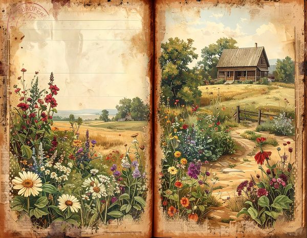 Watercolor Countryside Junk Journal Kit = Bifold Scrapbook Pages (Digital Download) — image 9