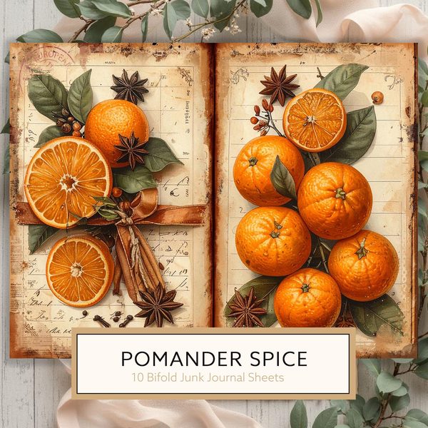 Watercolor Orange Junk Journal Pages: Pomander Spice Bifold Sheets (Digital Download)