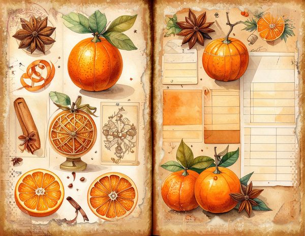 Watercolor Orange Junk Journal Pages: Pomander Spice Bifold Sheets (Digital Download) — image 1