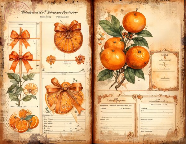 Watercolor Orange Junk Journal Pages: Pomander Spice Bifold Sheets (Digital Download) — image 2