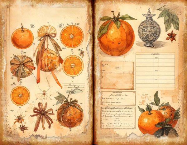 Watercolor Orange Junk Journal Pages: Pomander Spice Bifold Sheets (Digital Download) — image 3