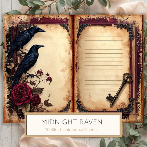 Midnight Raven Junk Journal Pages: Halloween Watercolor Bifold Sheets (Digital Download)