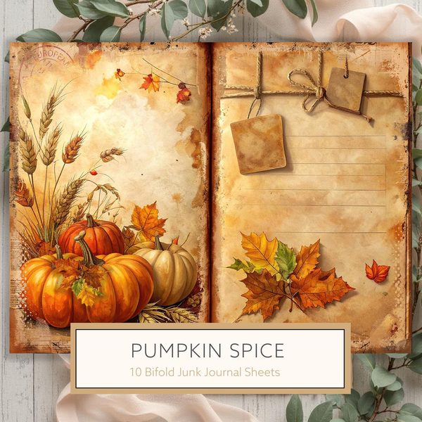 Watercolor Pumpkin Spice Bifold Junk Journal Pages, Autumn Harvest, Thanksgiving Theme Papers