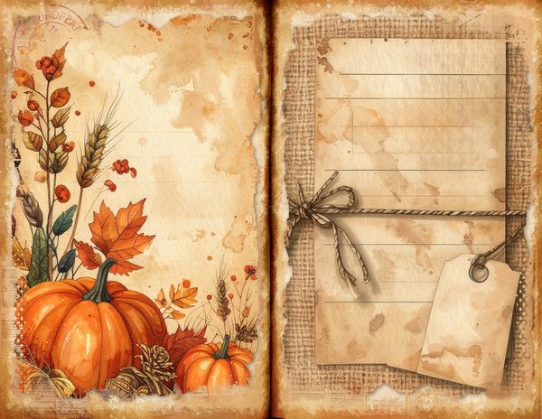 Watercolor Pumpkin Spice Bifold Junk Journal Pages, Autumn Harvest, Thanksgiving Theme Papers — image 1