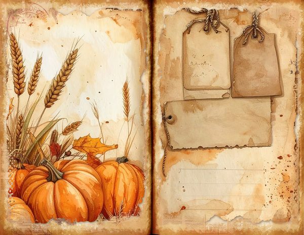 Watercolor Pumpkin Spice Bifold Junk Journal Pages, Autumn Harvest, Thanksgiving Theme Papers — image 3