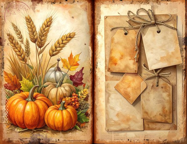 Watercolor Pumpkin Spice Bifold Junk Journal Pages, Autumn Harvest, Thanksgiving Theme Papers — image 5