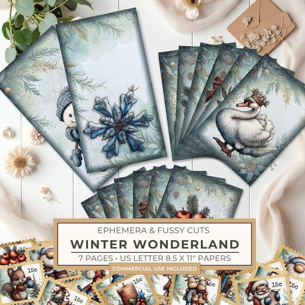 Ephemera & Fussy Cuts | Winter Wonderland Junk Journal | Printable Cards Tags Envelopes Stamps | Scrapbook Supply