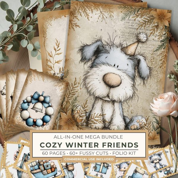 Cozy Winter Friends Junk Journal Kit | Mega Printable Bundle | Pages Ephemera Folio | Digital Download