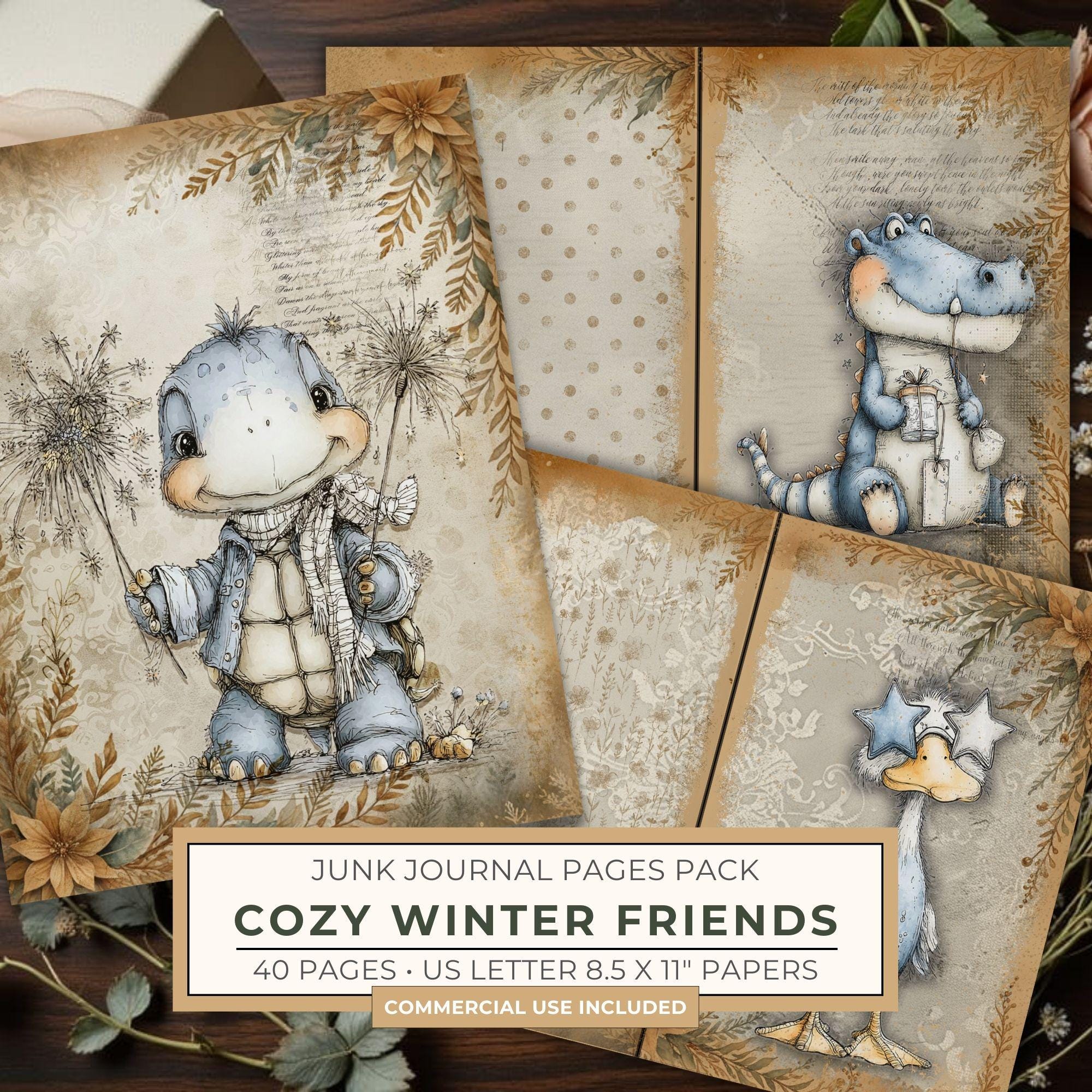 Vintage Background Papers | Cozy Winter Friends Junk Journal Pages | Whimsical Animals | Digital Download